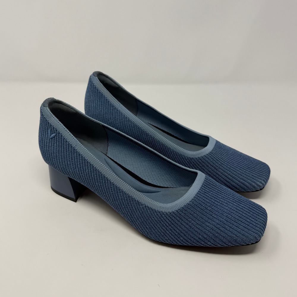 Vivaia Square Toe Stress Free Margot Chunky Heel Blue Ribbed Knit US 8 EU 39